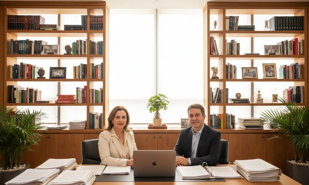 Advogada e contador analisando documentos no escritório