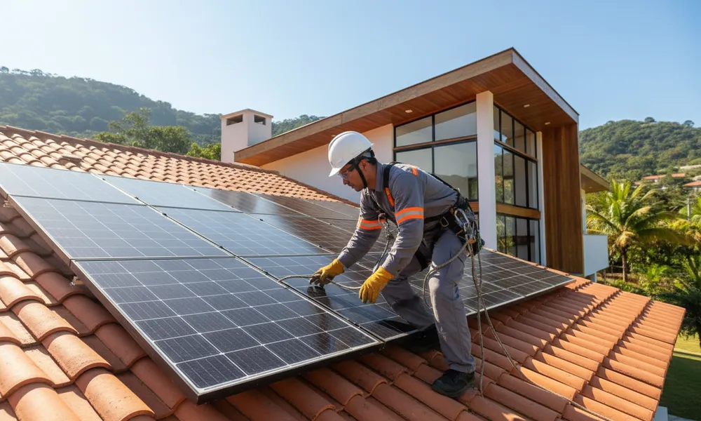 Técnico instalando painéis de energia solar no telhado de uma casa